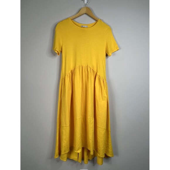 Zara Yellow Midi Dress Short Sleeve Sz Small Flowy Summer Vacation Empire Waist - Picture 1 of 5